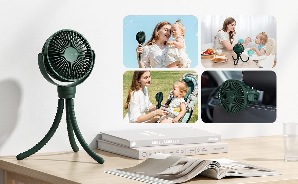 Quạt đặt trên xe đẩy Jisulife FA40A 13 Quạt mini cho bé đang năng, cẩm tay, để bàn, kẹp ô-tô, để trên xe đẩy
