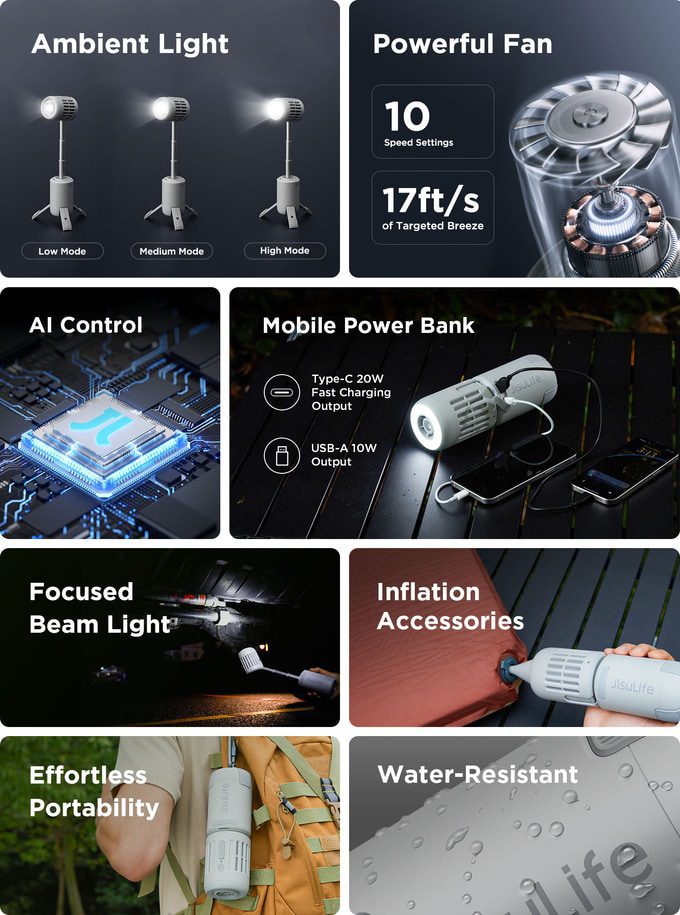 Quạt ngoài trời đa năng Jisulife Ultra1, 54W, pin 13500mAh 18 Quạt Năng Lượng Mặt Trời Jisulife Ultra1 đa năng cao cấp