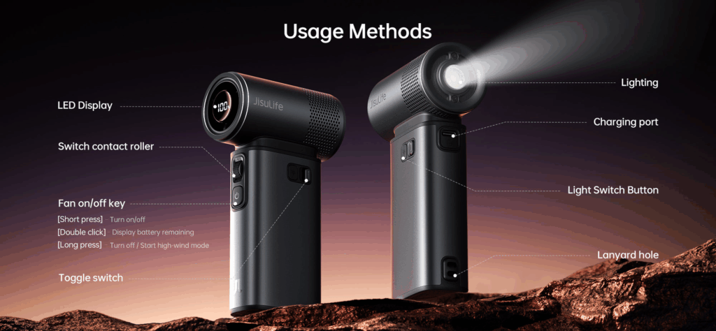 Quạt Cầm Tay JisuLife Ultra2-Pin 9000mAh 27 Quạt đa chức năng, tích hợp đèn led