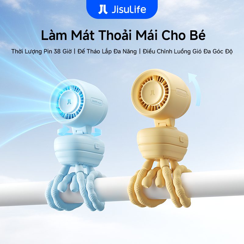 Quạt kẹp xe đẩy JisuLife Fan 4 Pin 5000mAh 16 Quạt kẹp xe đẩy JisuLife Life4 màu xanh, pin 5000mAh, màn hình LED, đầu xoay 360 độ